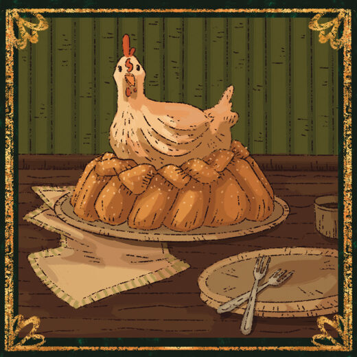 Drawn in Procreate. Part of a 12 piece set, created as a calendar. April showing it's colours with a nice chicken breeding on a cake..?