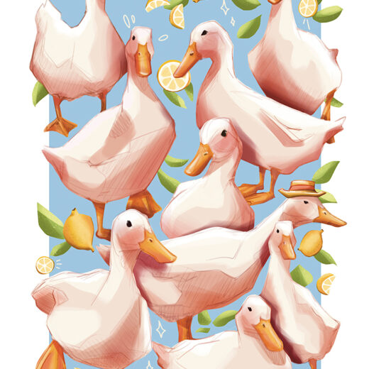 Drawn in Procreate. Available as postcards and posters. Ducks and Lemons, a detective amongst them.