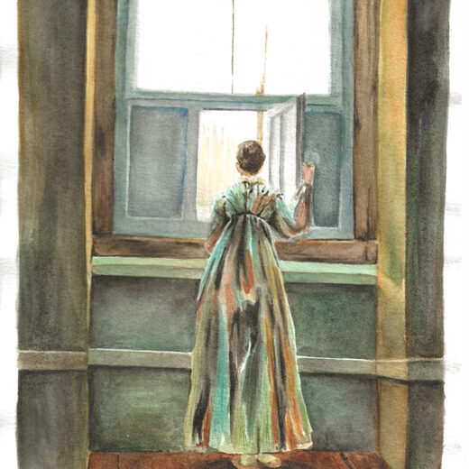 Adjusted version of the 'Frau am Fenster' by C.D. Friedrich. Watercolour on paper.