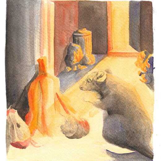 Watercolour on paper. A rat in a dramatically lit alley, enjoying some food.
