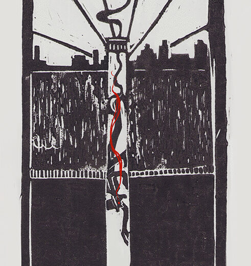 Linocut, print on paper. He's coming to get you. Part one of the legend of the chimney sweeper of Rostock.