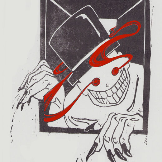 Linocut, print on paper. He's here to get you. Part one of the legend of the chimney sweeper of Rostock.