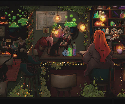 Drawn in Procreate. A comfy, wholesome, sweet and bubbling Cafe for Witches, Fay and Creatures alike!