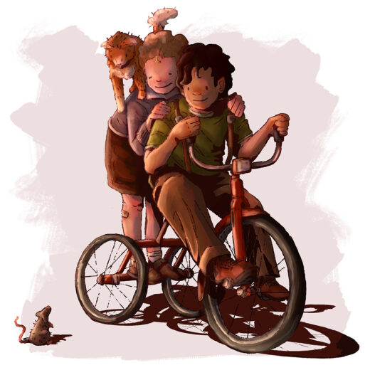 Drawn in Procreate. Strays riding on their bike, adventuring the day away and meeting a new friend.